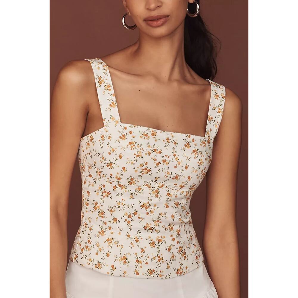 NWOT Reformation Darci Floral Linen Tank Top Smocked Square Neck White Yellow 8